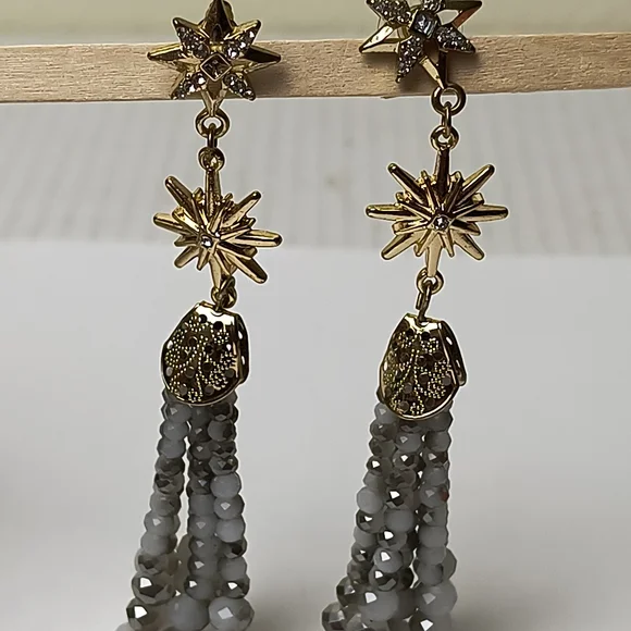 Gold Star Tassel Earrings with Gray Glass Beaded Strands - Picture 8 of 13